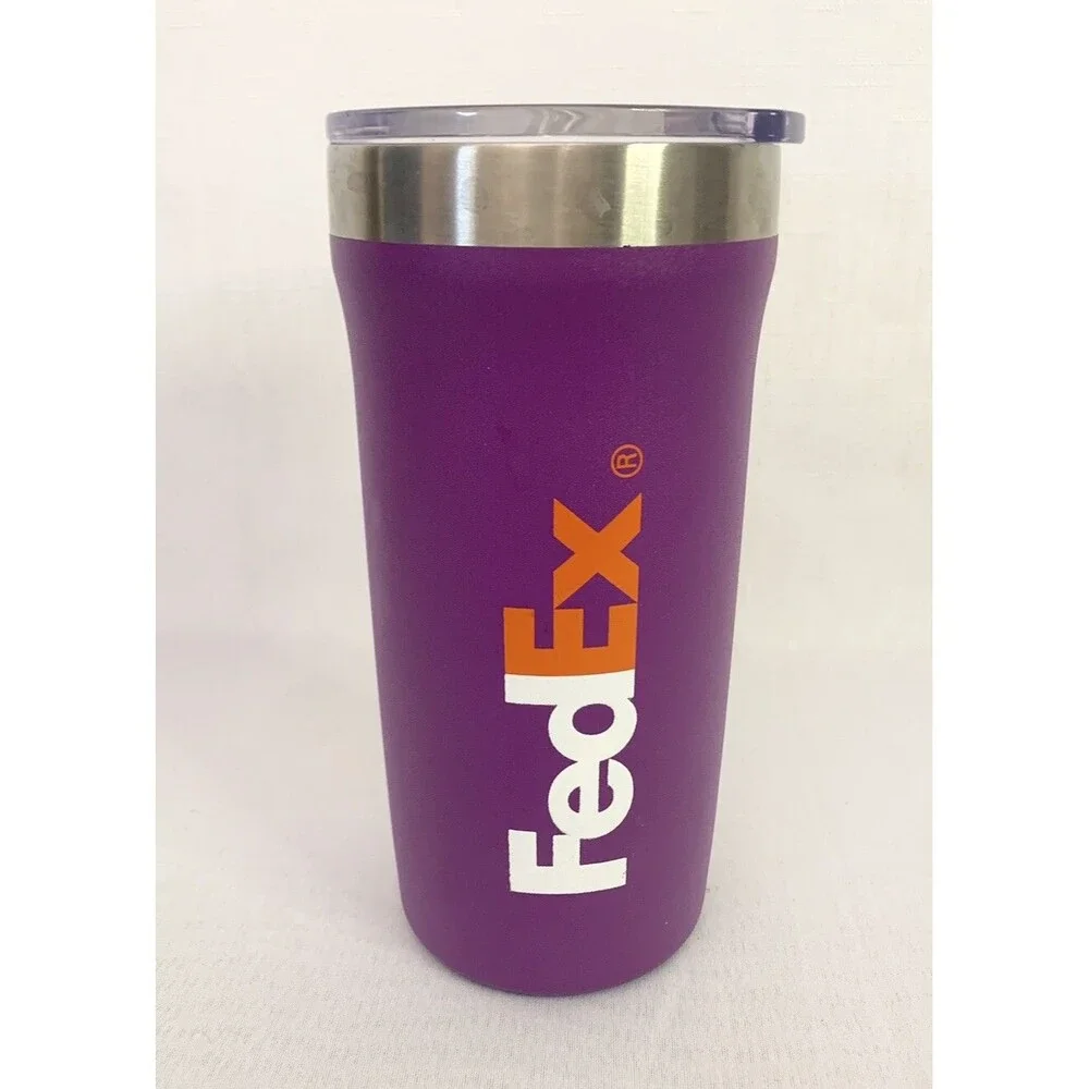 FedEx Purple 18 Fl. Oz Tumbler With Clear Lid Metal Drink Cup Travel Coffee